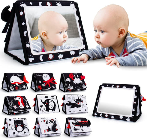 Tummy Time Mirror, Baby Tummy Time Toys with Soft Book, Black and White High Contrast Baby Toys, 3D Activity Sensory Montessori Toys Crawling Mat...